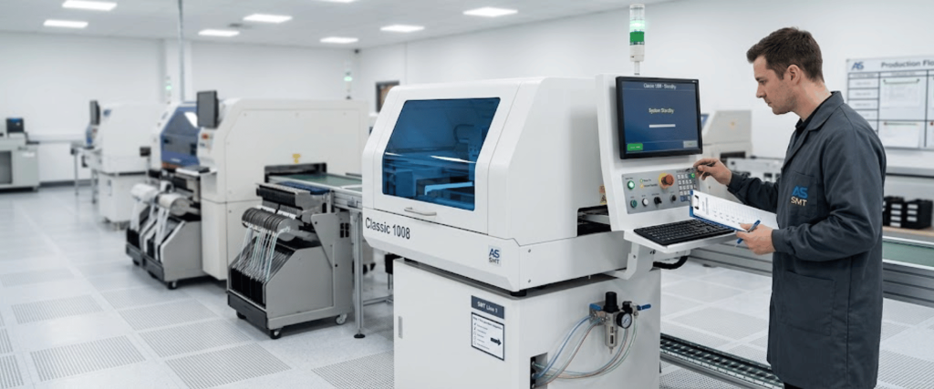 Automatic SMT Stencil Printer in a clean factory, with operator controlling the machine on a modern electronics production line