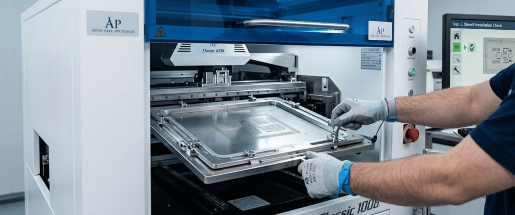 Automatic SMT Stencil Printer in use, with technician installing stencil for precise PCB printing and alignment
