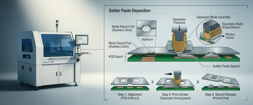 Automatic SMT Stencil Printer showing solder paste deposition, squeegee printing, and stencil alignment for PCB assembly