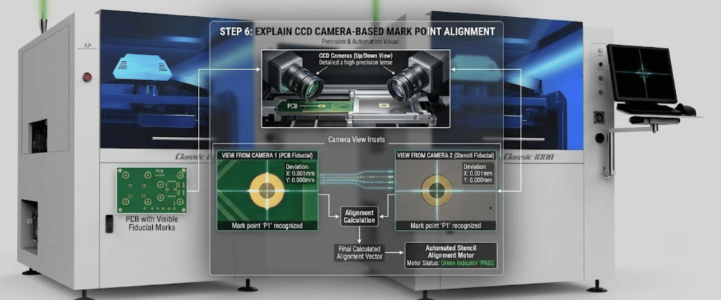 Automatic SMT Stencil Printer with CCD camera alignment system for precise PCB mark point detection and stencil positioning