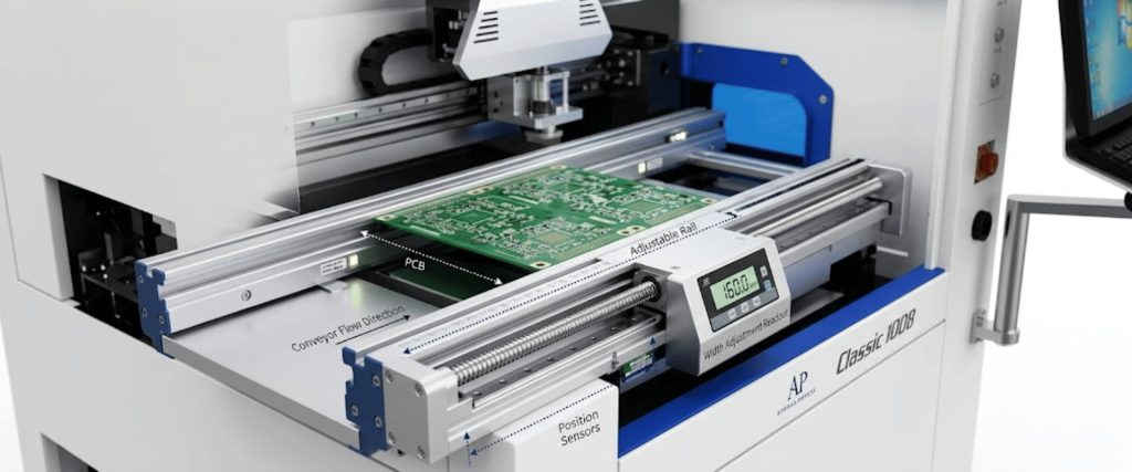 Automatic SMT Stencil Printer with adjustable rail system, PCB alignment, and precision width control for PCB printing