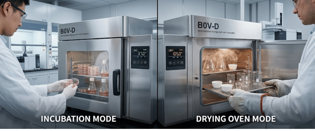 B0V-D Ovens in a lab, showing incubation and drying oven modes for precise scientific sample preparation