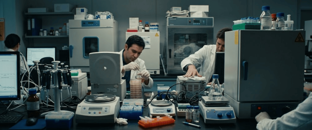 B0V-D Ovens used in a busy laboratory with scientists, test tubes, and research equipment for precision sample heating and analysis