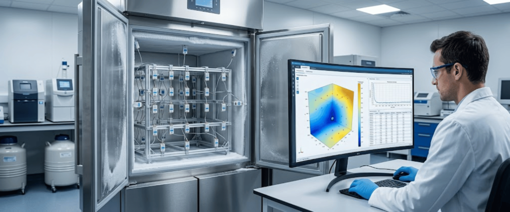Calibration chamber testing in a laboratory with a technician analyzing data on a computer monitor