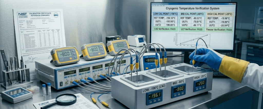 Calibration cryogenic temperature verification system with sensors, displays, and lab equipment for precise testing