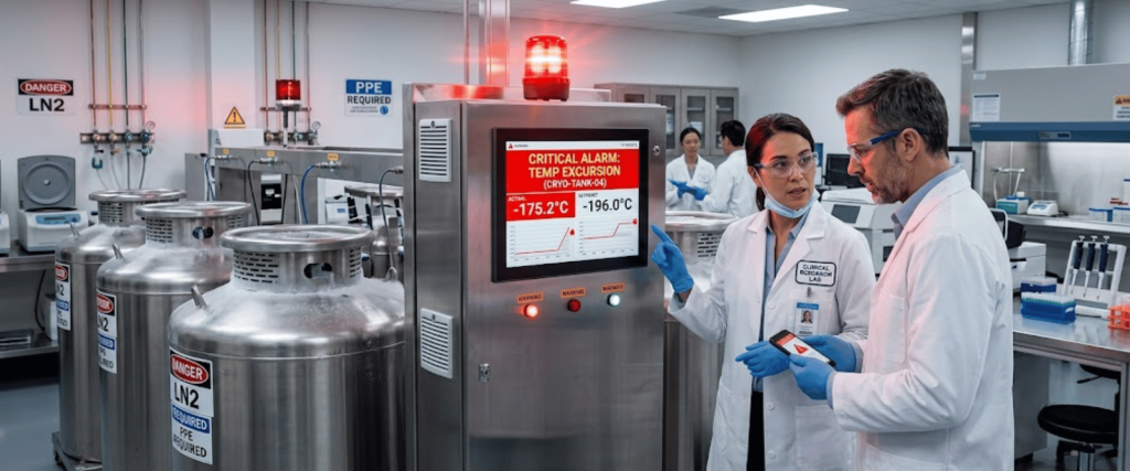 Calibration in a cryogenic lab, technicians monitor LN2 tanks and a critical alarm system during quality control