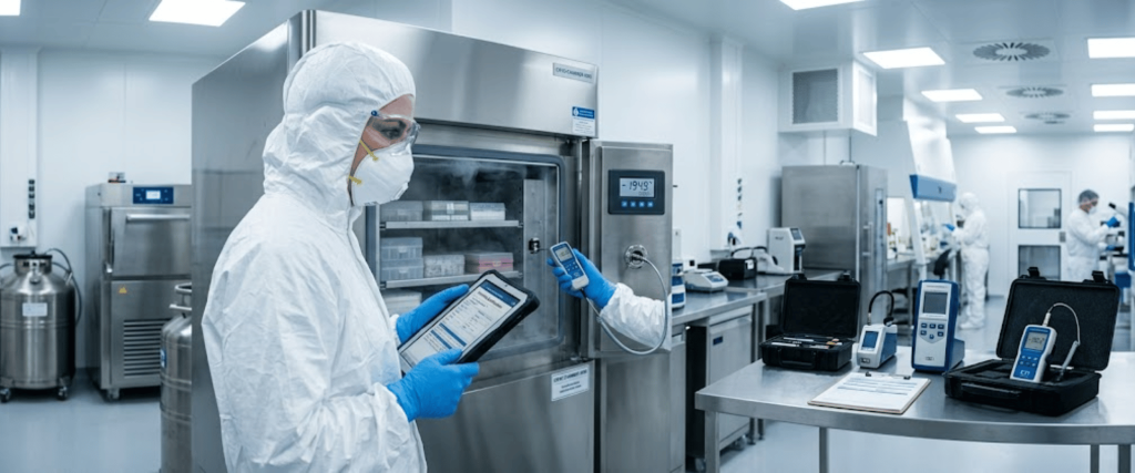 Calibration in a sterile lab, technician checks temperature devices and tablet near a freezer with precision instruments
