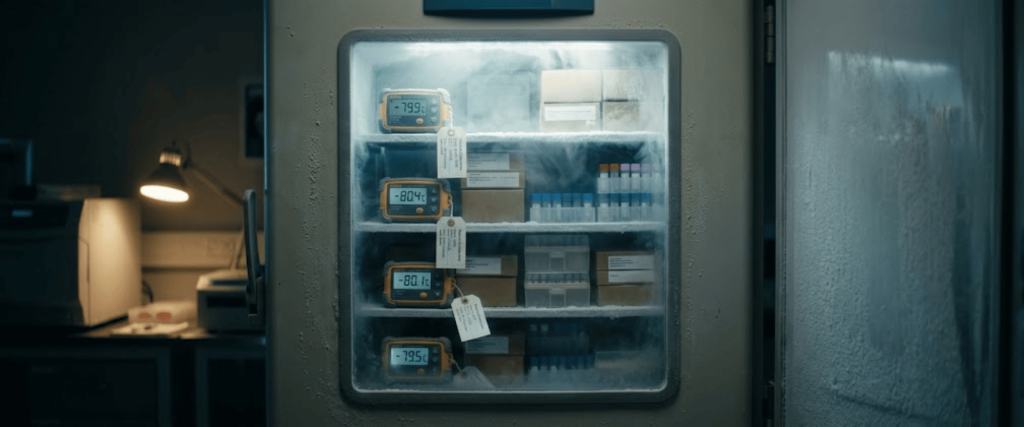 Calibration lab freezer monitoring with digital thermometers, stored samples, and temperature control for sensitive materials