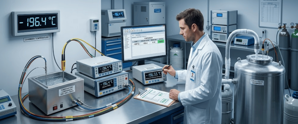 Calibration lab scene with engineer testing temperature sensors, cryogenic chamber, and digital measurement equipment