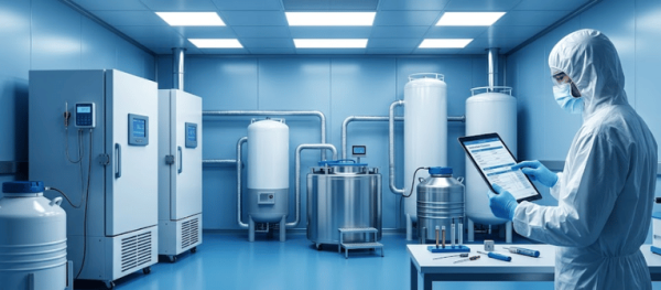 Calibration lab technician checking industrial equipment and tanks on a tablet in a clean blue testing room
