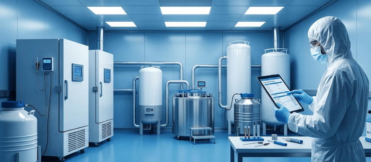 Calibration lab technician checking industrial equipment and tanks on a tablet in a clean blue testing room