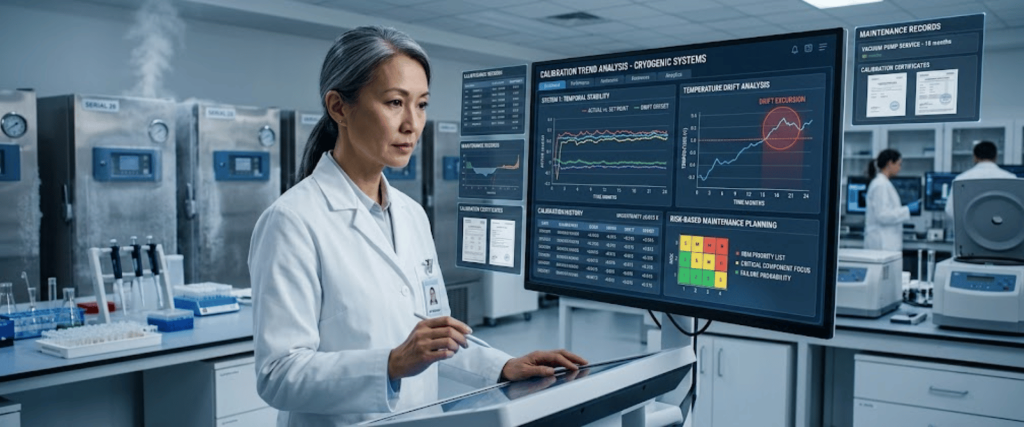 Calibration lab technician reviewing calibration trend analysis on a digital monitor in a modern laboratory