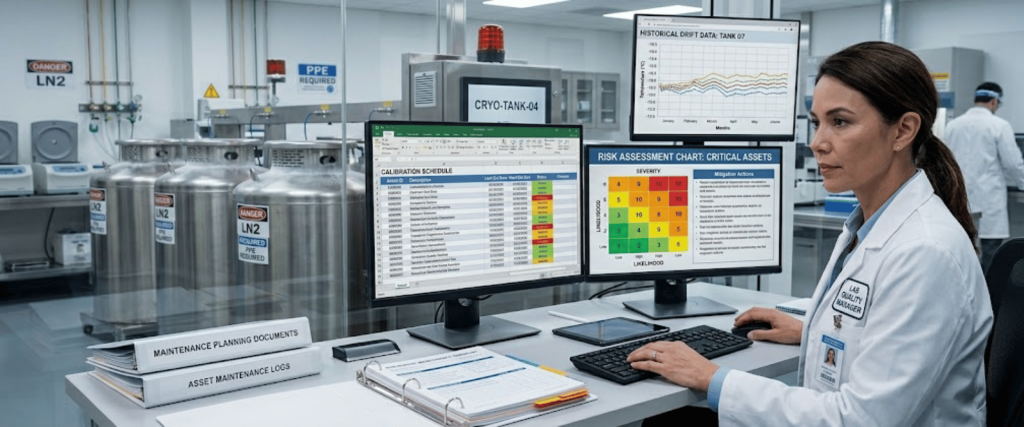 Calibration monitoring in a lab with cryogenic tanks, risk charts, and a quality manager at dual screens