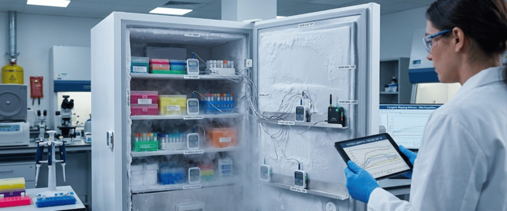 Calibration monitoring in a laboratory with a scientist checking temperature-controlled storage on a tablet
