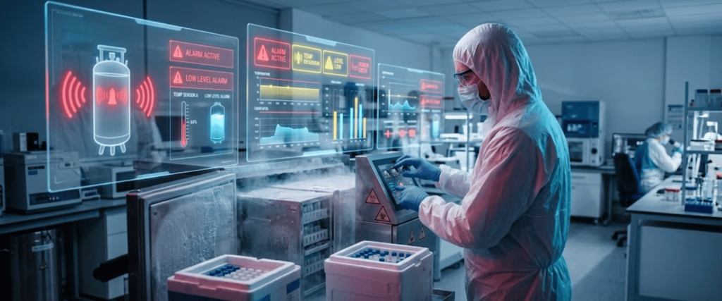 Calibration of lab equipment in a clean research room, with a technician monitoring digital panels and sensors