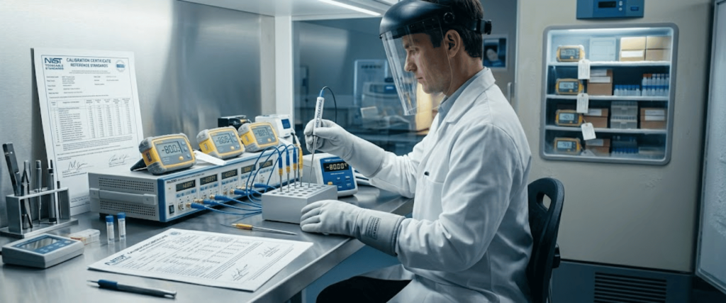 Calibration technician in lab using precision instruments and certificates to test and verify digital measuring devices