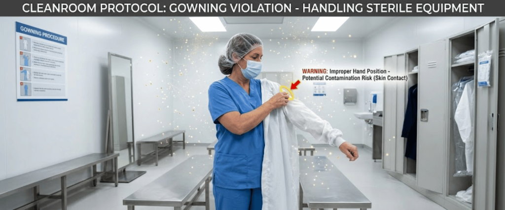 Cleanroom Staff handling sterile equipment during gowning procedure in a cleanroom, with contamination risk warning visible