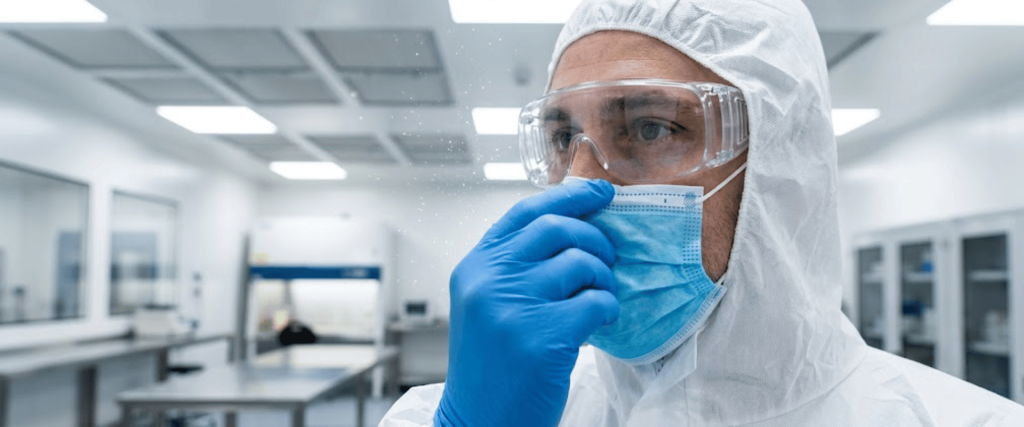 Cleanroom Staff in protective suit and gloves working inside a sterile laboratory environment