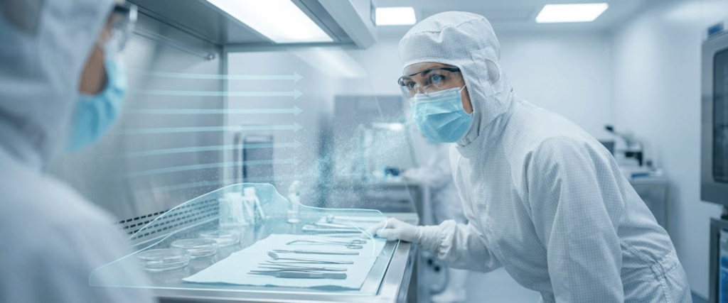 Cleanroom Staff in protective suits handling sterile tools in a controlled laboratory environment for precision work