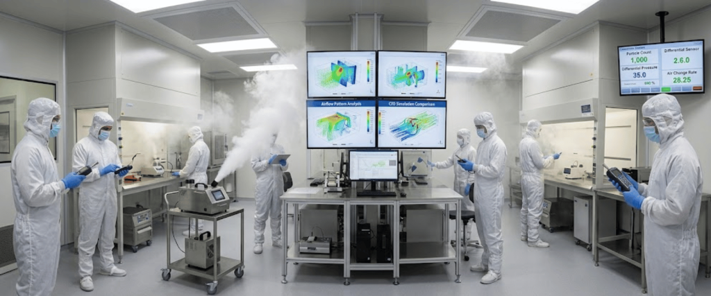 Cleanroom Staff in protective suits working in a sterile lab with monitors, equipment, and controlled air testing