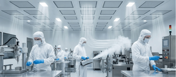 Cleanroom Staff in protective suits working in a sterile manufacturing lab with advanced machines and sanitizing equipment