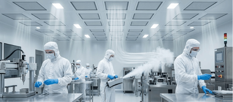 Cleanroom Staff in protective suits working in a sterile manufacturing lab with advanced machines and sanitizing equipment