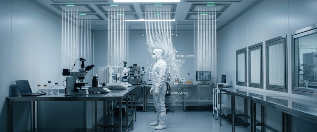 Cleanroom Staff in sterile protective suit working in a high-tech laboratory with airflow testing and clean surfaces