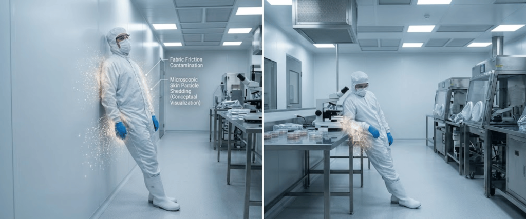 Cleanroom Staff in sterile suits showing contamination control and microscopic particle shedding in a laboratory