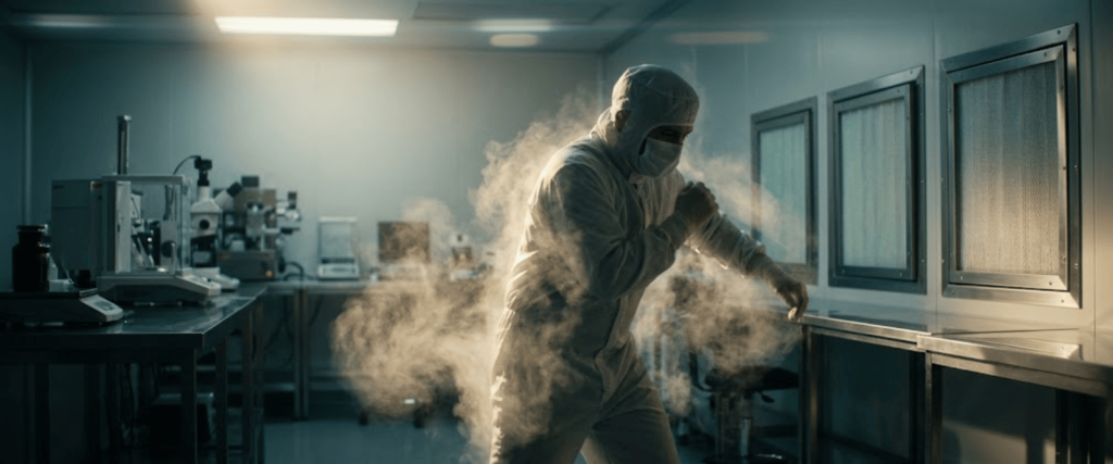 Cleanroom Staff wearing protective suit working in a sterile laboratory with visible mist and controlled environment