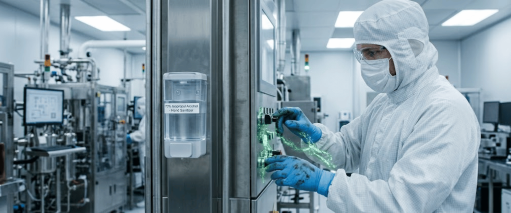 Cleanroom Staff working in a sterile manufacturing facility, operating equipment in protective suit and gloves