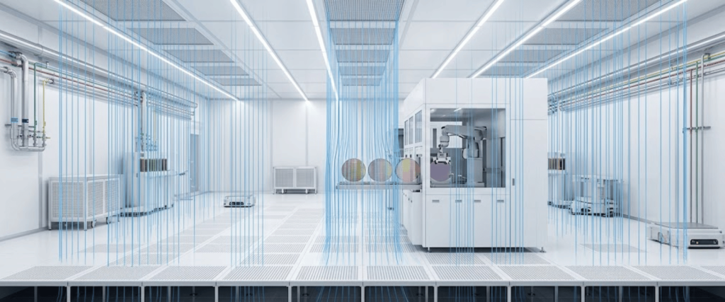 Cleanroom interior with advanced filtration systems controlling airborne particulates during precision manufacturing processes