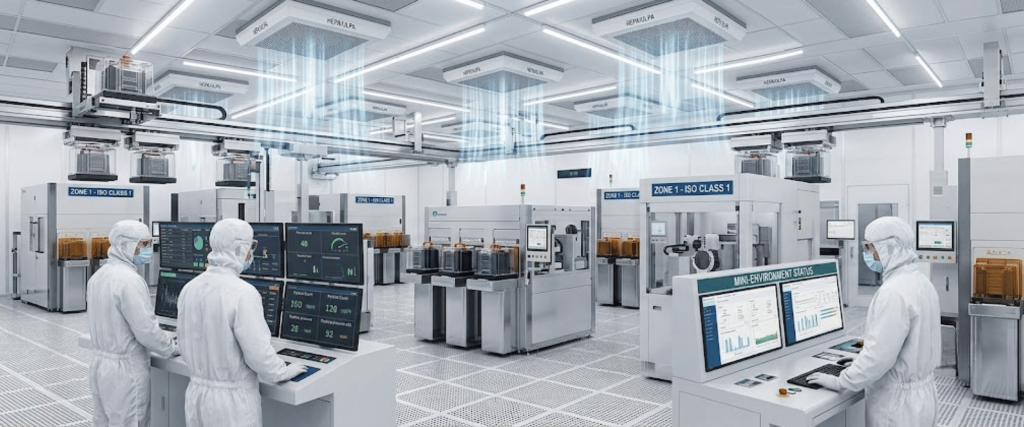 Cleanroom operators monitor airborne particulates in a sterile semiconductor facility with advanced filtration and controls