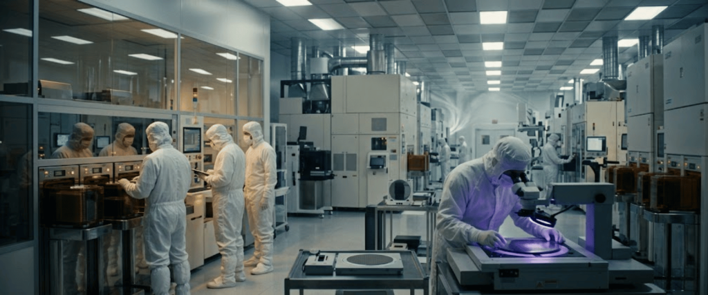 Cleanroom scientists inspect wafers in a semiconductor lab with airborne particulates controlled to protect sensitive equipment