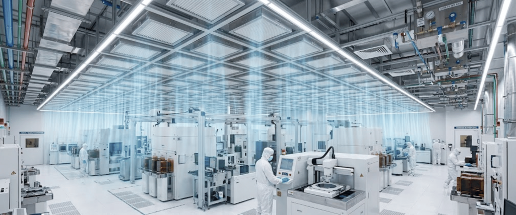 Cleanroom with workers and advanced machinery controlling airborne particulates in a high-tech manufacturing facility