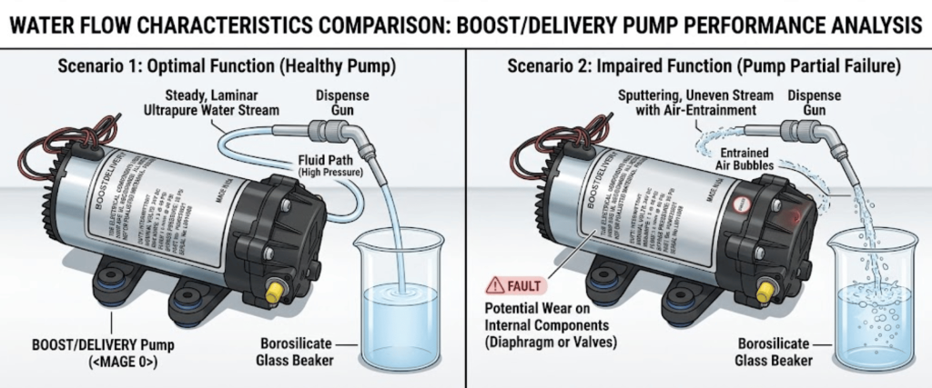 Elga Lab Water boost/delivery pump comparison showing healthy flow and partial failure with glass beaker output