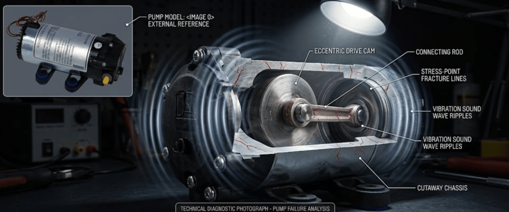 Elga Lab Water pump failure analysis showing cutaway chassis, eccentric drive cam, and vibration damage on the pump