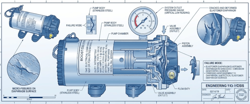 Elga Lab Water pump failure diagram showing cracked diaphragm, pressure gauge, and valve assembly analysis
