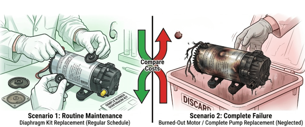 Elga Lab Water pump maintenance vs failure cost comparison showing routine service for $50 and replacement failure costing $500