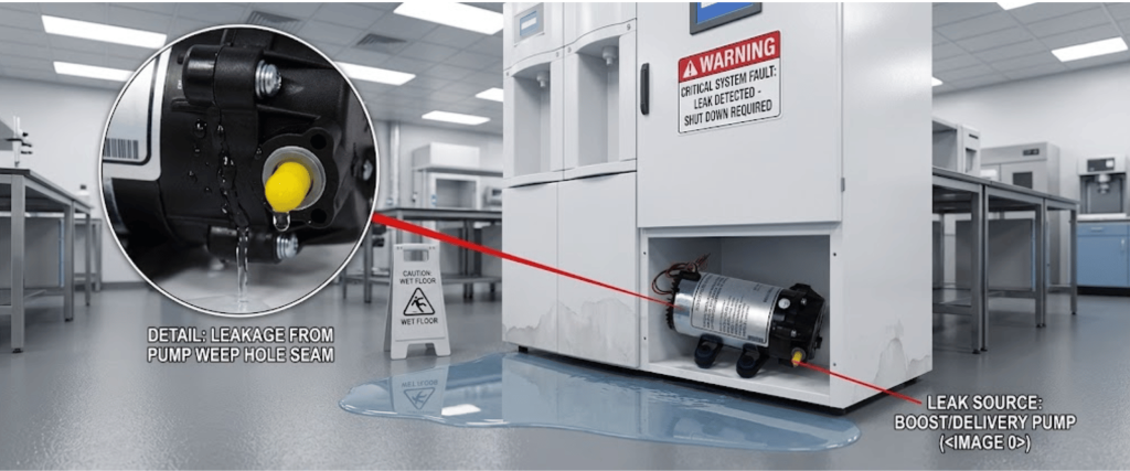 Elga Lab Water system leak from pump weep hole seam causing floor spill in laboratory equipment area