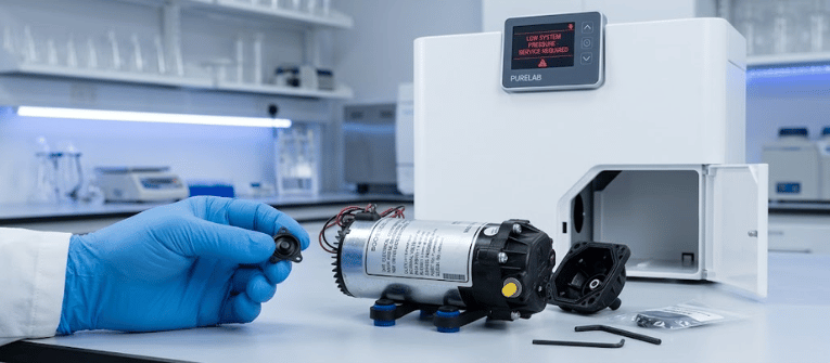 Elga Lab Water system pump maintenance in a laboratory, with technician gloved hand and purifier unit open, service repair