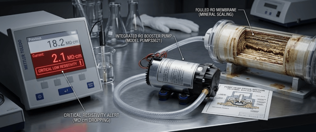 Elga Lab Water system showing critical resistivity alert, integrated RO booster pump, and fouled RO membrane scaling issue