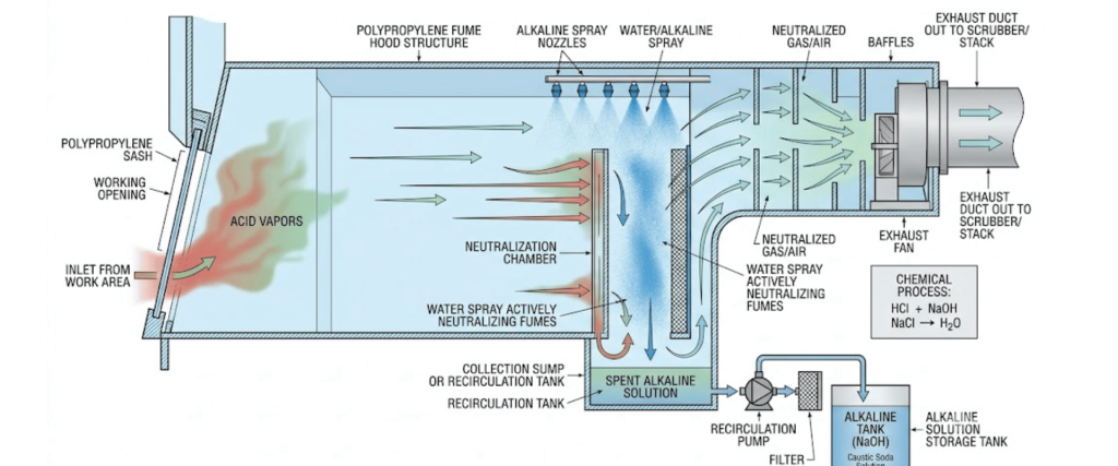 FH1000 PL acid vapor scrubber diagram with neutralization chamber, spray nozzles, and exhaust fan system