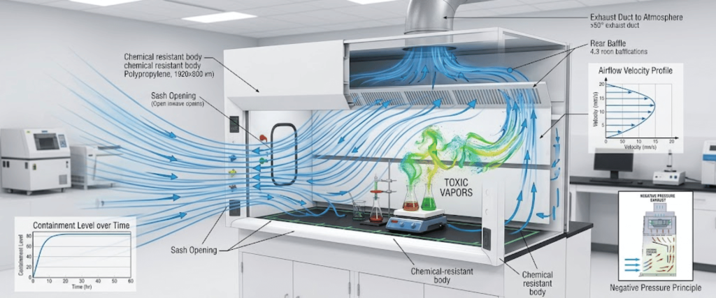 FH1000 PL chemical fume hood showing negative pressure airflow, toxic vapor containment, and lab exhaust system design