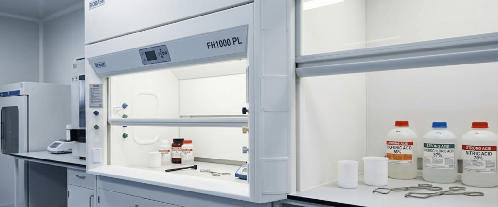 FH1000 PL laboratory fume hood with chemical bottles, beakers, and lab tools in a clean research workspace