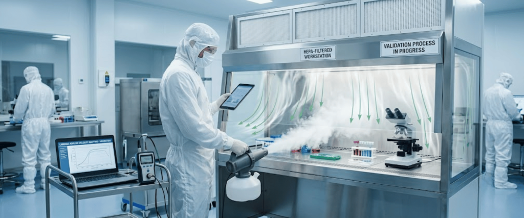 HEPA Filtration cleanroom workstation with technician using disinfectant spray, microscope, and validation process in progress