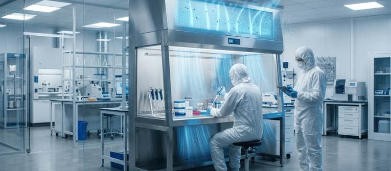 HEPA Filtration lab workstation with scientists in protective suits working in a sterile cleanroom environment