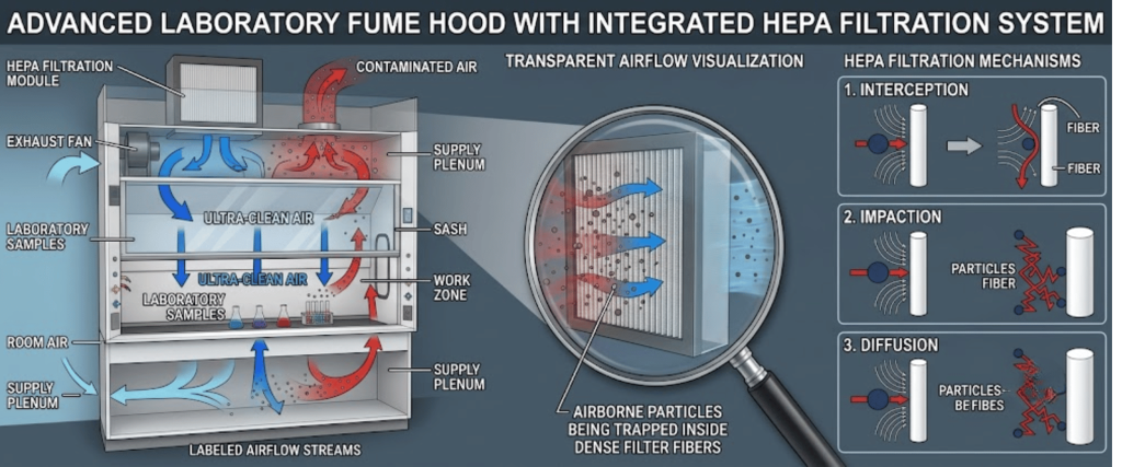 HEPA Filtration system in a laboratory fume hood, showing airflow, particle capture, and filtration mechanisms