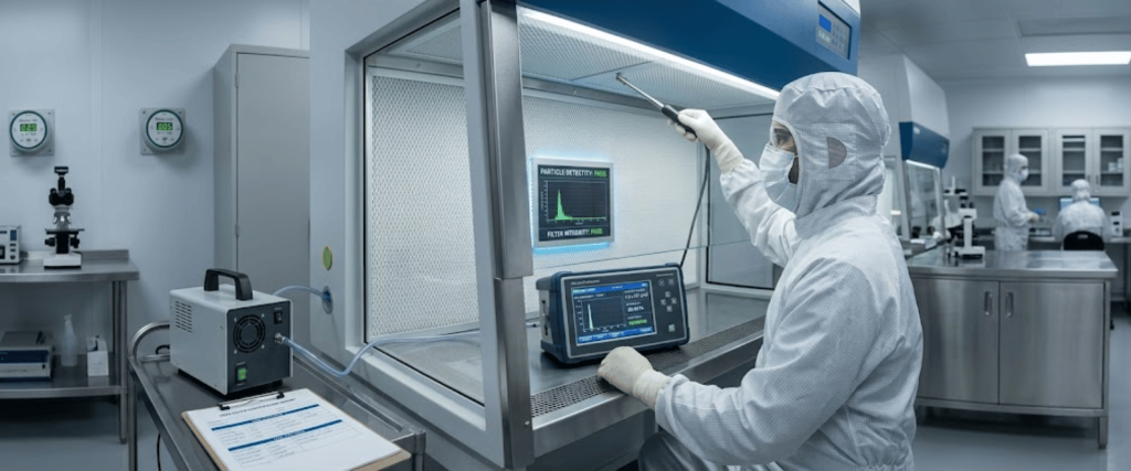 HEPA Filtration testing in a cleanroom lab, with a technician inspecting airflow and particle levels in sterile conditions