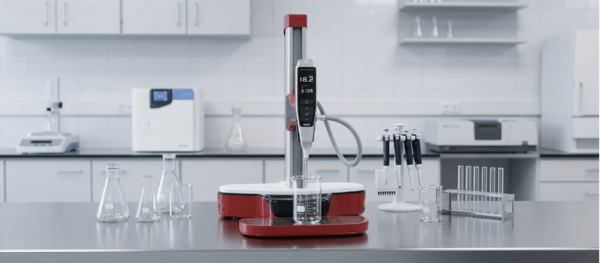Halo Dispense Solutions automated lab pipette system with glassware and test tubes in a modern laboratory setup