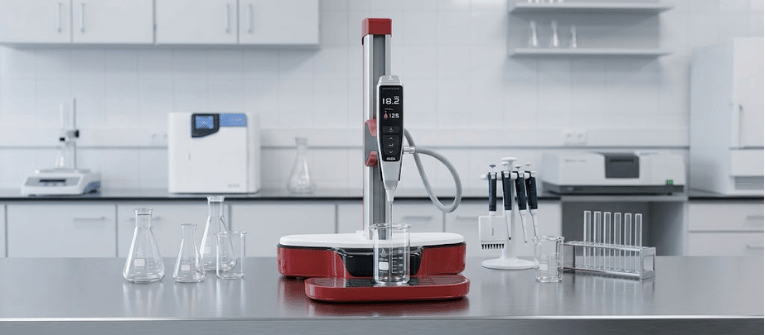 Halo Dispense Solutions automated lab pipette system with glassware and test tubes in a modern laboratory setup